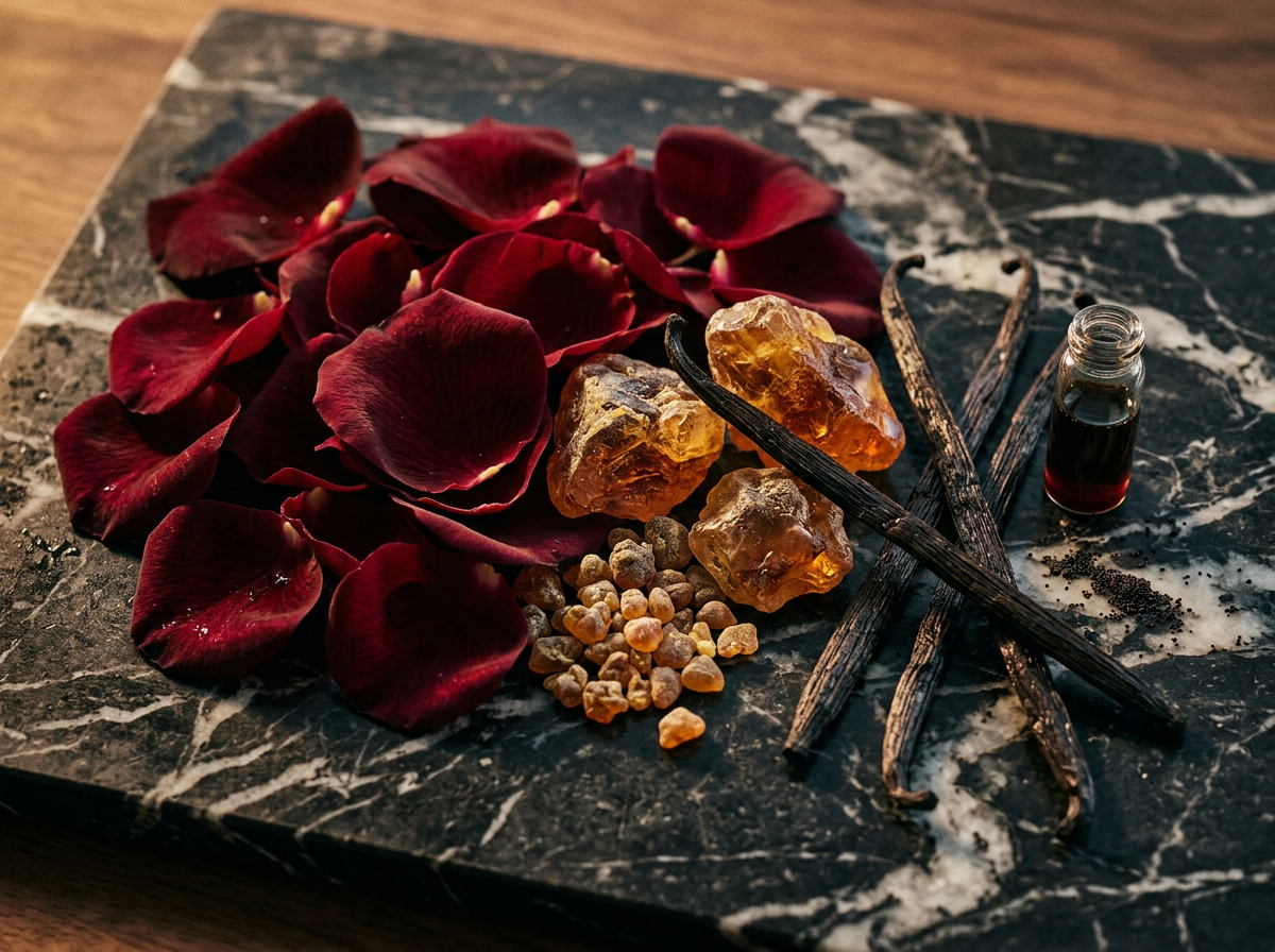 Bottles of Shay and Blue perfume arranged with dark woods and orange slices