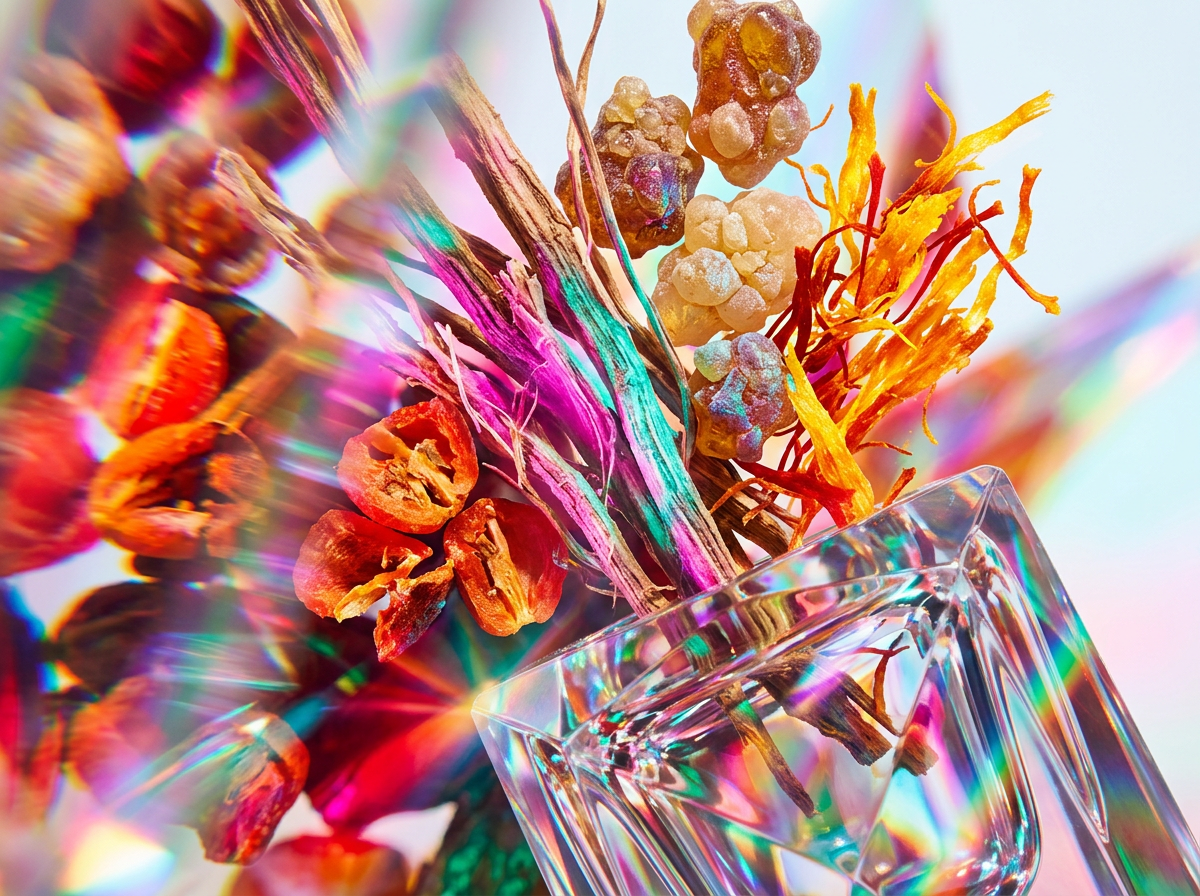 Artisanal perfume ingredients including rhubarb stalks and sandalwood chips