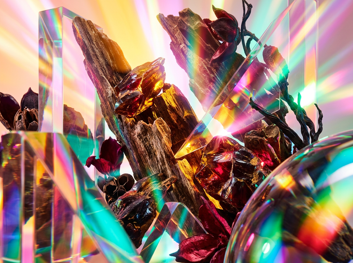 Detail shot of perfume bottles with autumn textures like cashmere and wood
