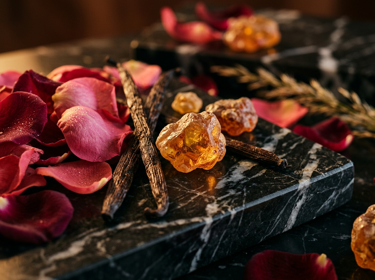 Lush ingredients like blackberries, citrus, and white flowers representing artisanal perfumery