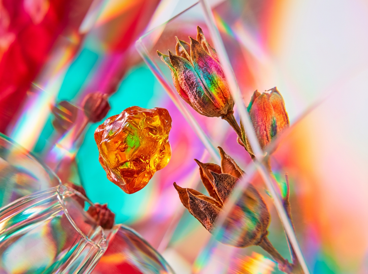 Close up of luxury perfume ingredients like amber and dark fruits