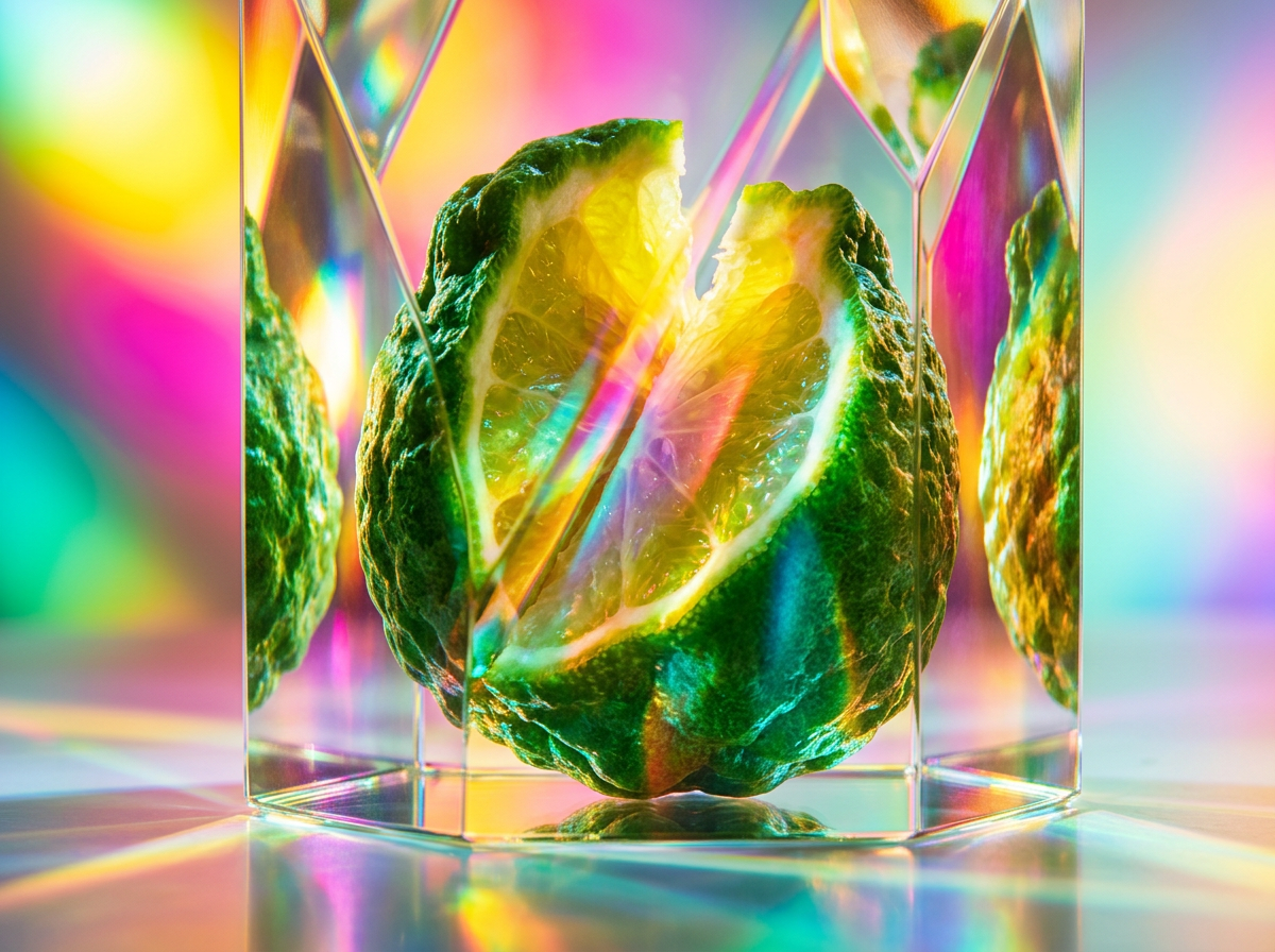 Artisanal perfume glass bottle alongside fresh ingredients