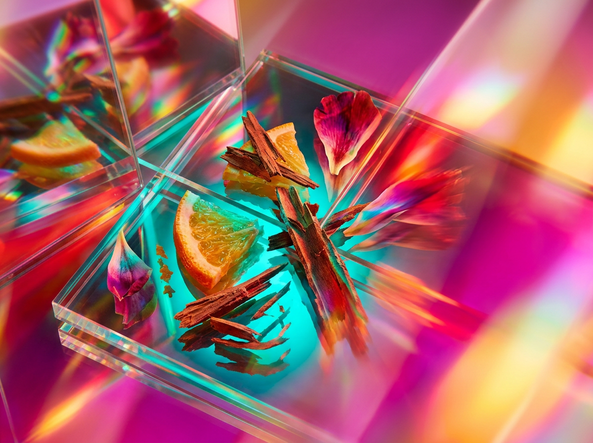 Selective focus on a dark, artisanal perfume bottle against a moody background
