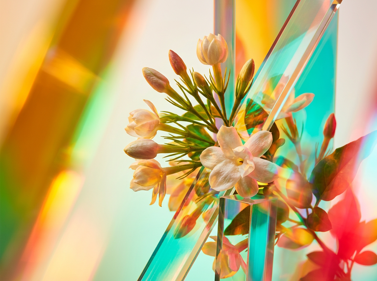 Stills of artisanal fragrance bottles in a natural setting