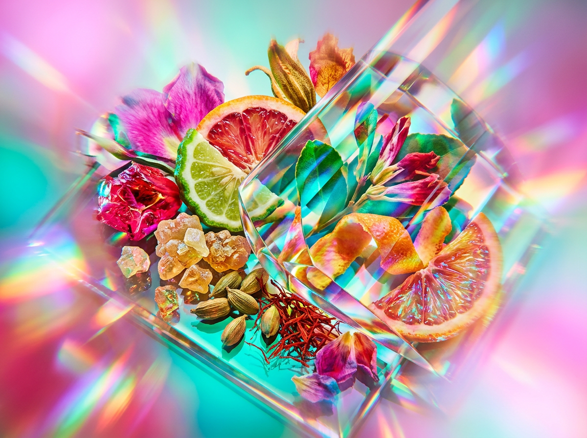 Close up of fresh oranges and professional perfume lab equipment