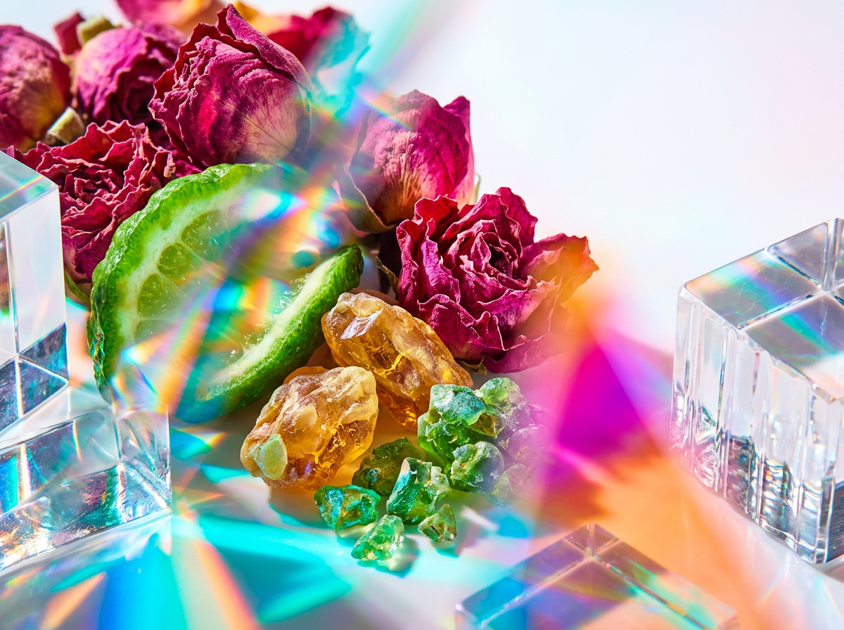 Fresh citrus fruits sliced alongside a Shay & Blue fragrance bottle