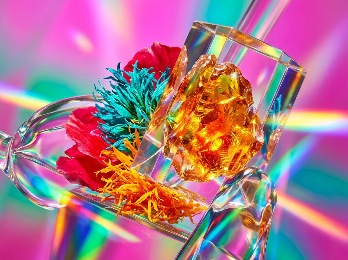 Detailed close up of perfume ingredients like plum, rose, and citrus
