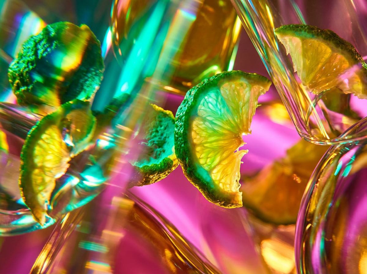 Close up of fresh citrus ingredients and a Shay & Blue bottle