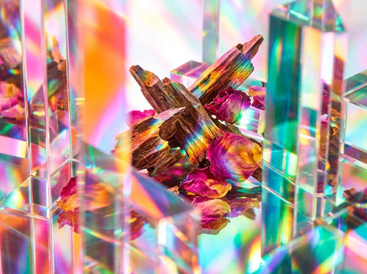 Close up of artisanal fragrance ingredients like citrus fruits and flowers