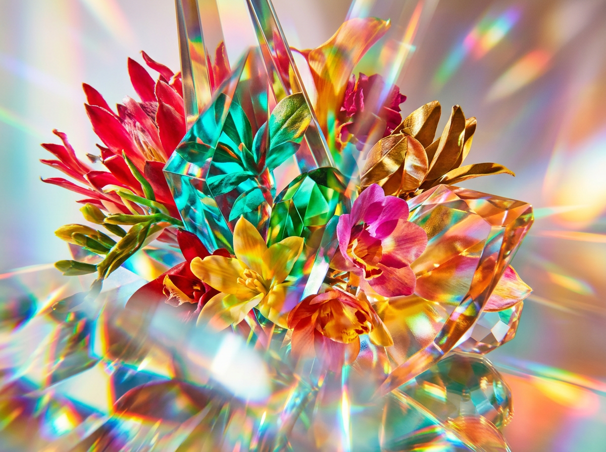 Natural botanical ingredients like dandelion and fig leaves next to a perfume bottle