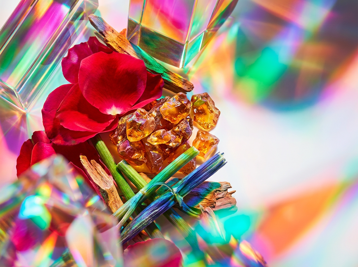 Artisanal fragrance ingredients including citrus peel, peppercorns, and glass vials