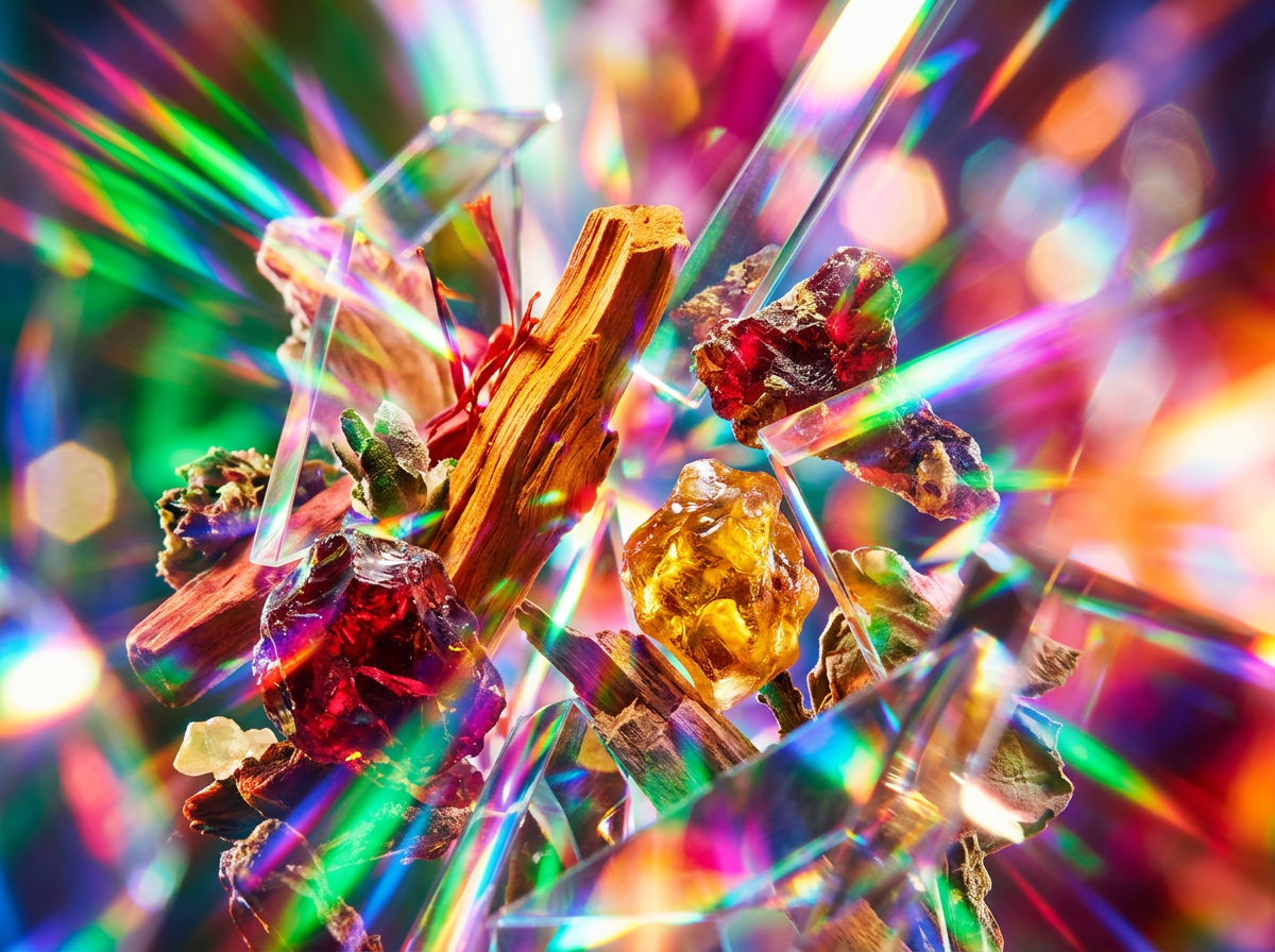 Close up of artisanal fragrance ingredients and flowers