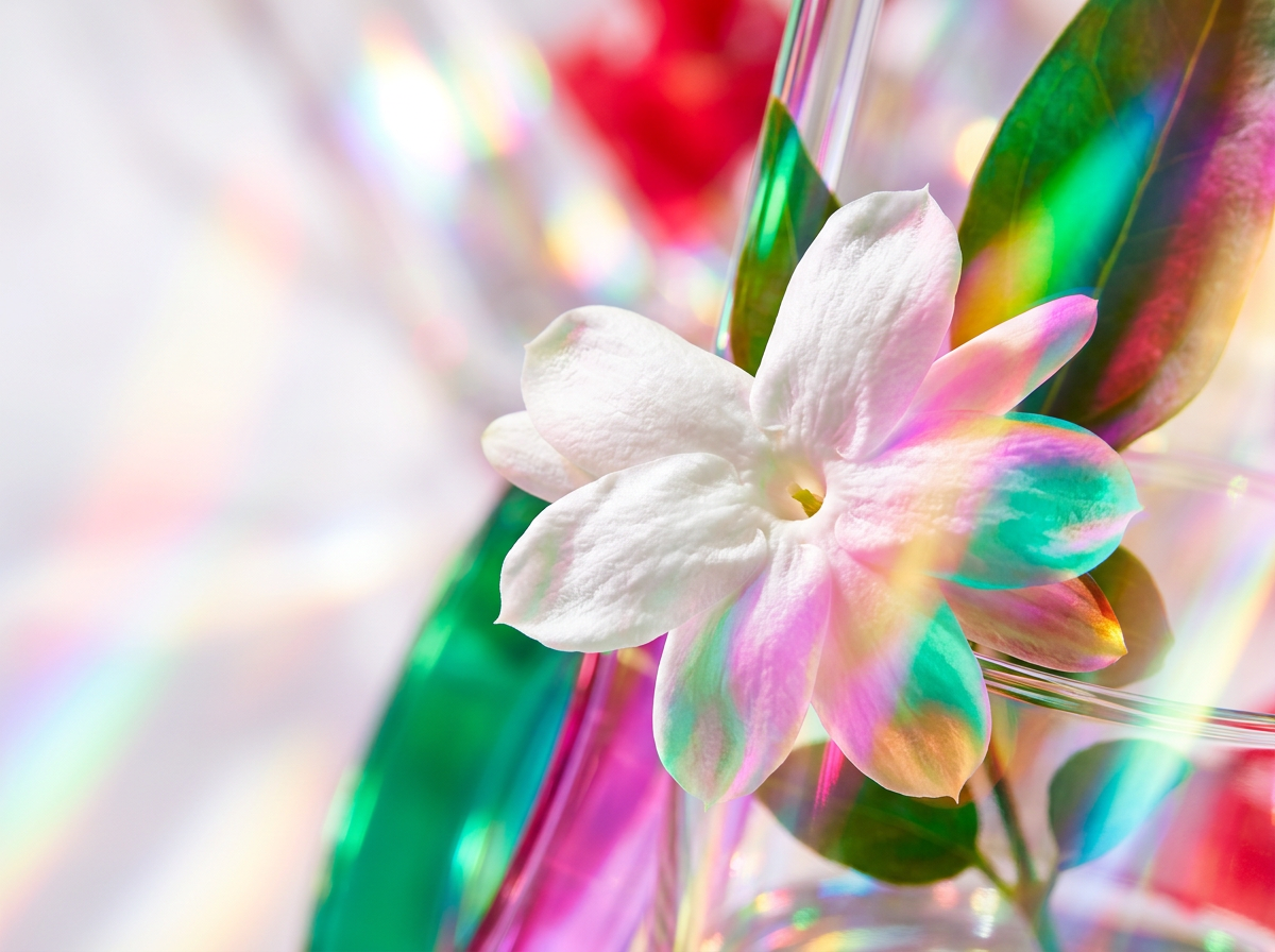 Macro shot of fresh rose petals with dew drops representing the dewy floral notes