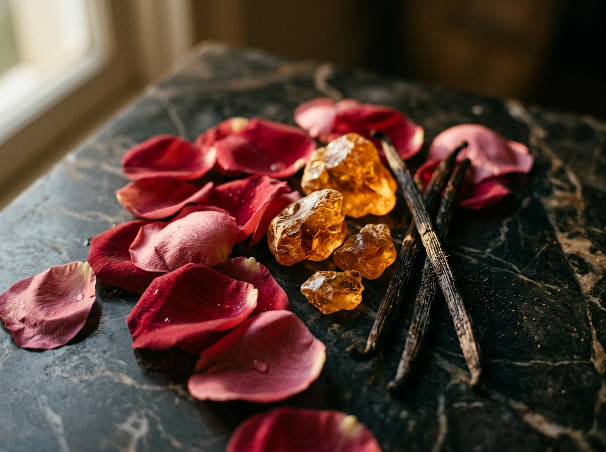 Close up of white orchid petals and coffee beans representing the notes of the perfume