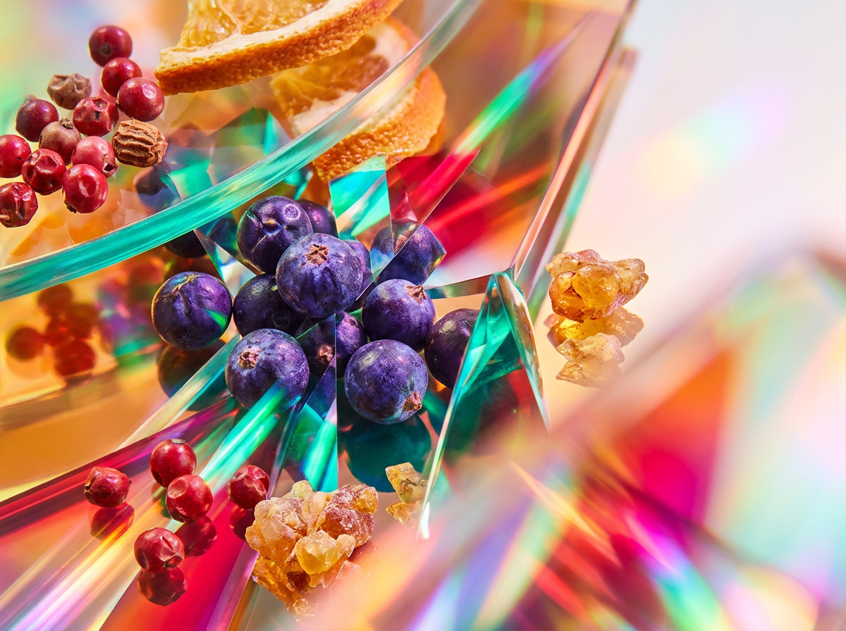 Ingredients including dark berries, woods, and amber used in artisanal perfumery