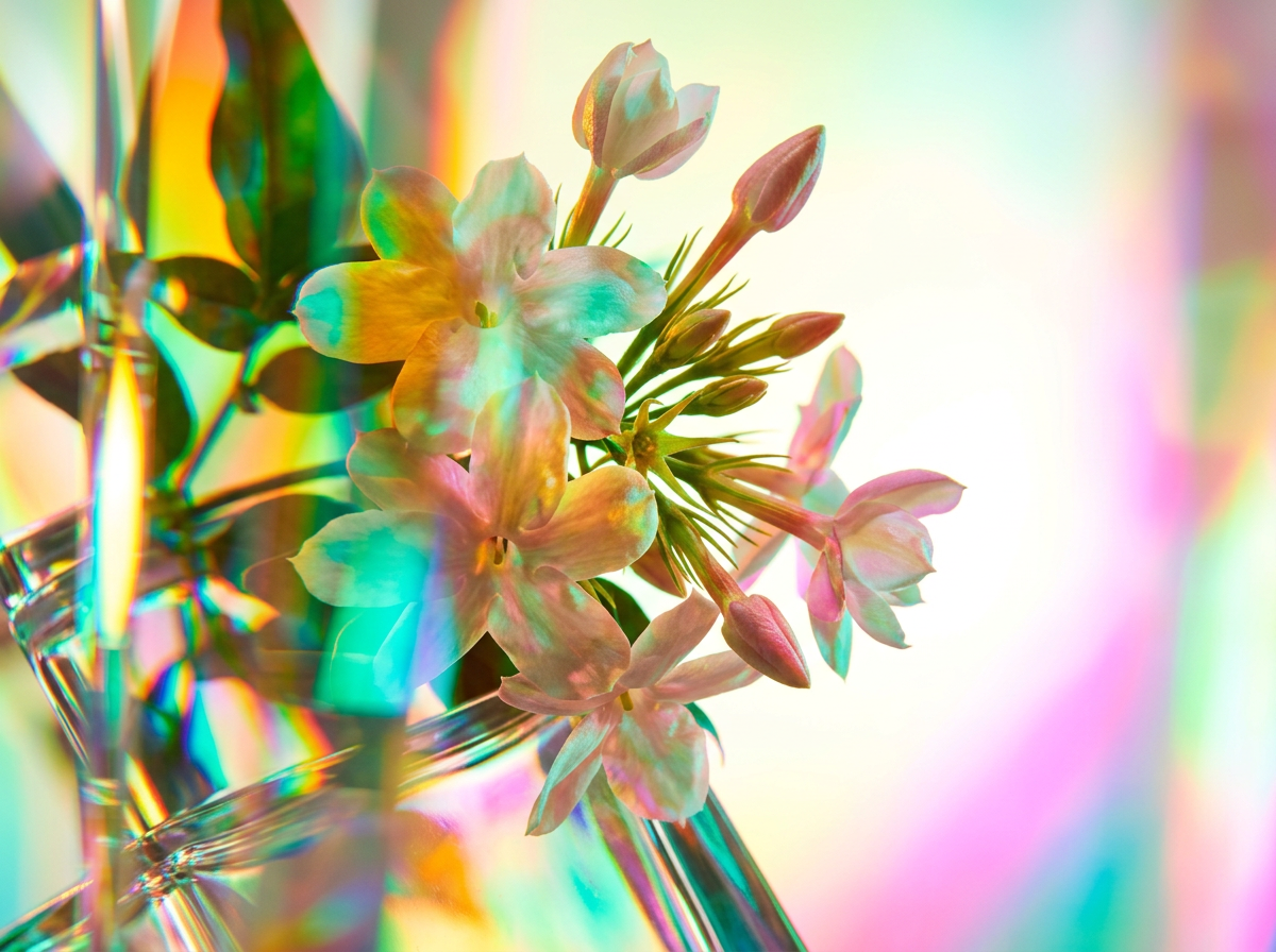 Artisanal perfume bottle surrounded by fresh botanicals and sliced fruits