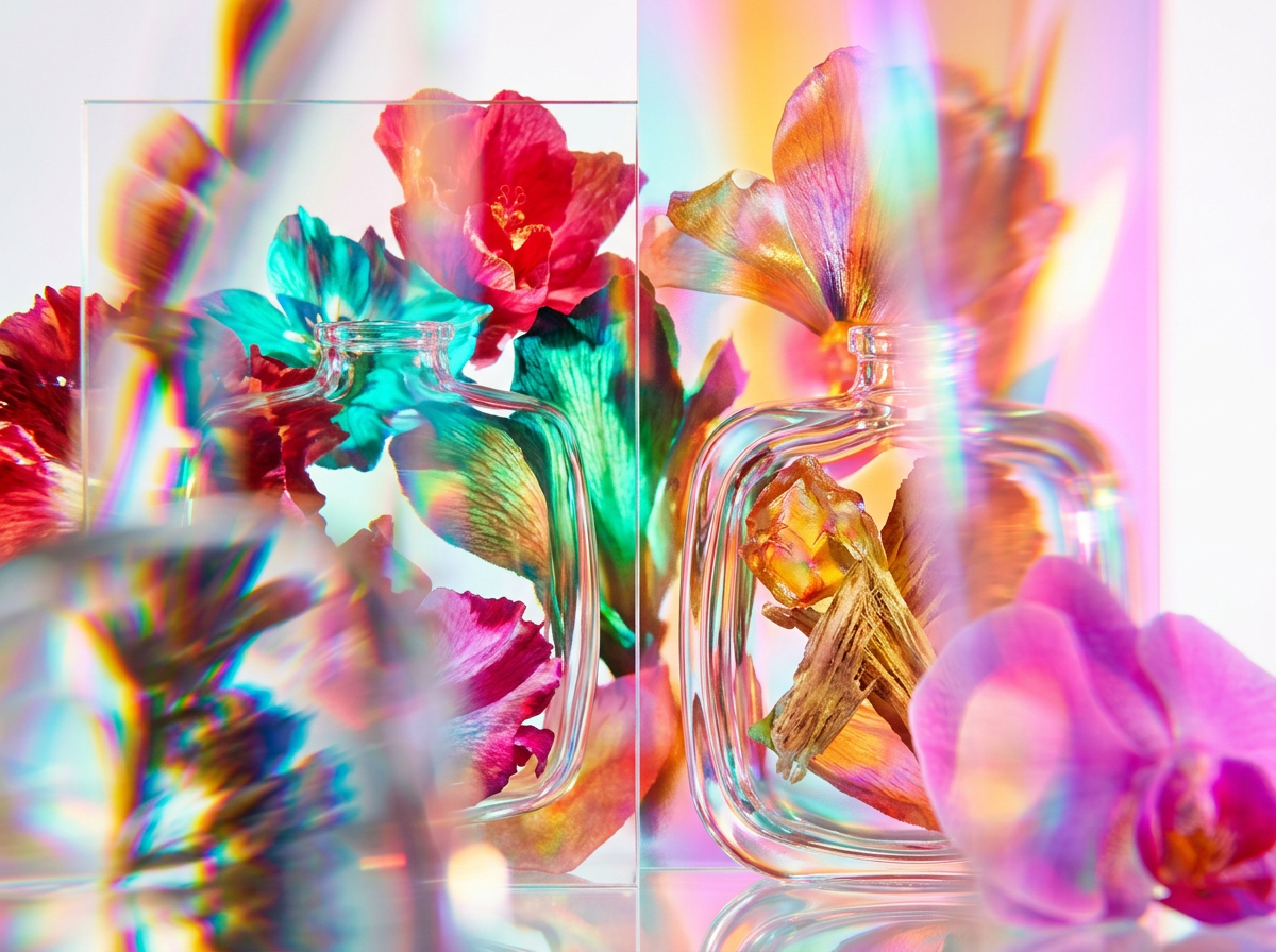 Close up of artisanal fragrance ingredients like grapefruit, cedarwood, and spices