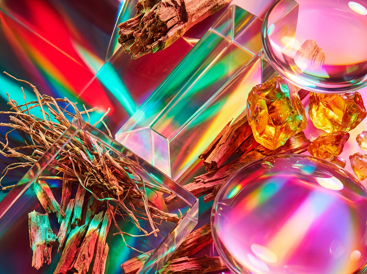 An artistic shot of ingredients like black raspberries and sandalwood