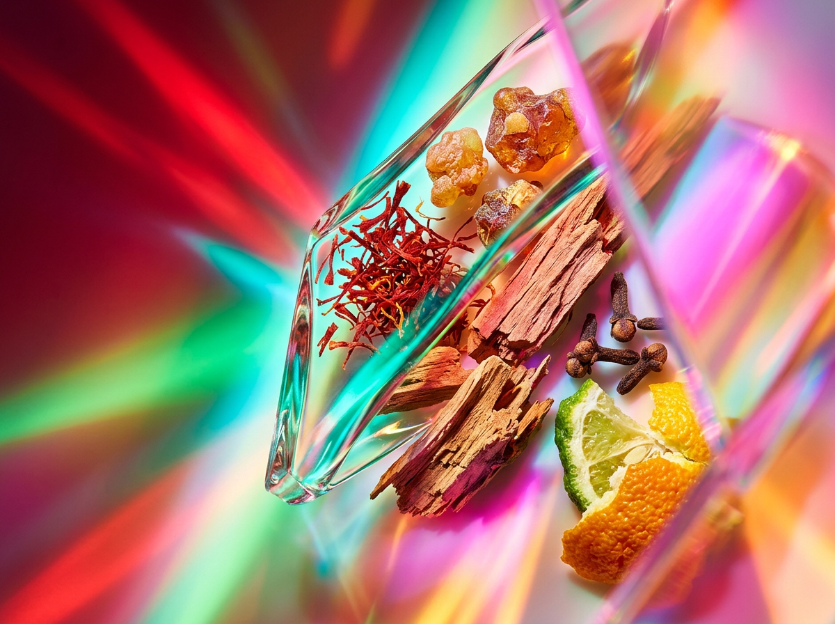 Detailed shot of botanical ingredients and perfume bottles