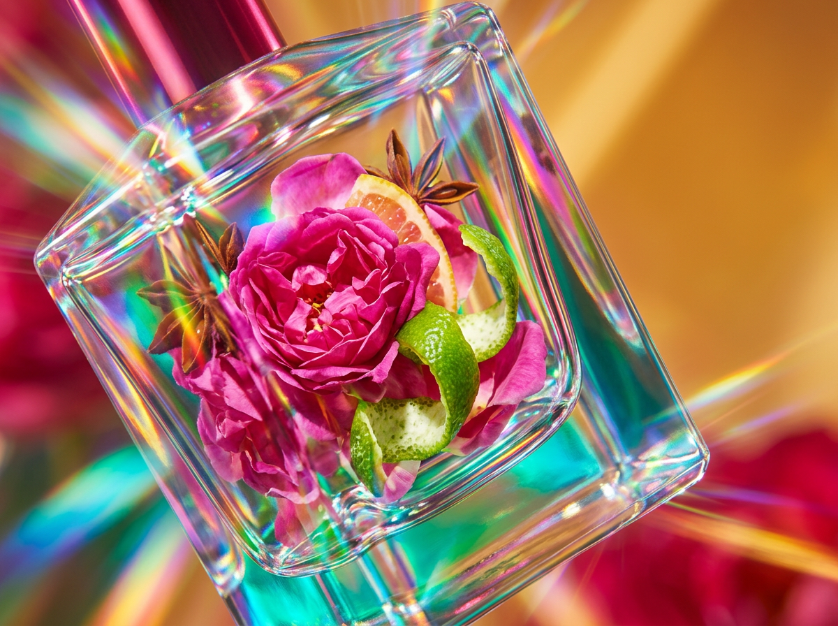 Amber-toned perfume bottles arranged creatively
