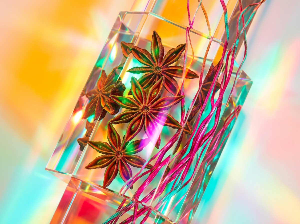 Glass perfume bottles reflecting warm amber light