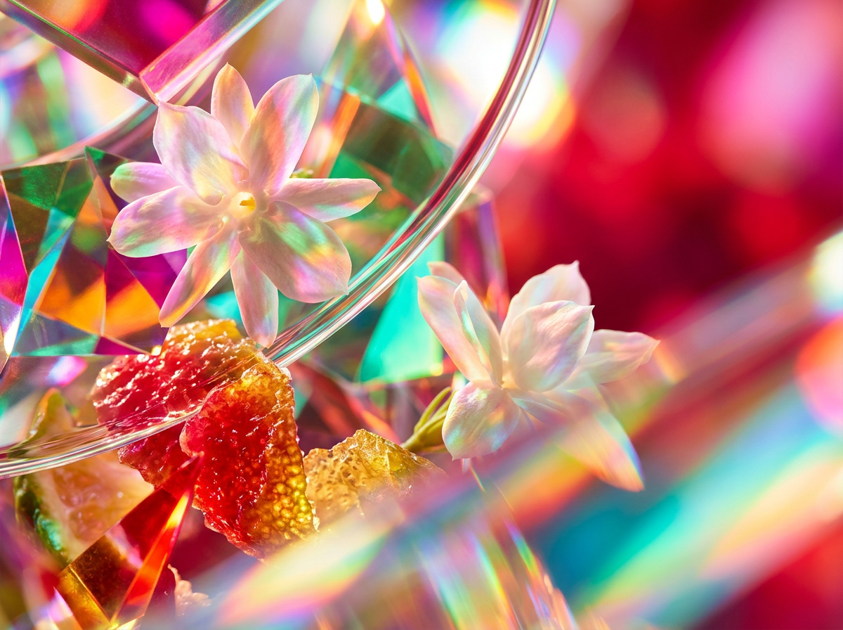 Detailed shot of botanical ingredients and clear perfume glass