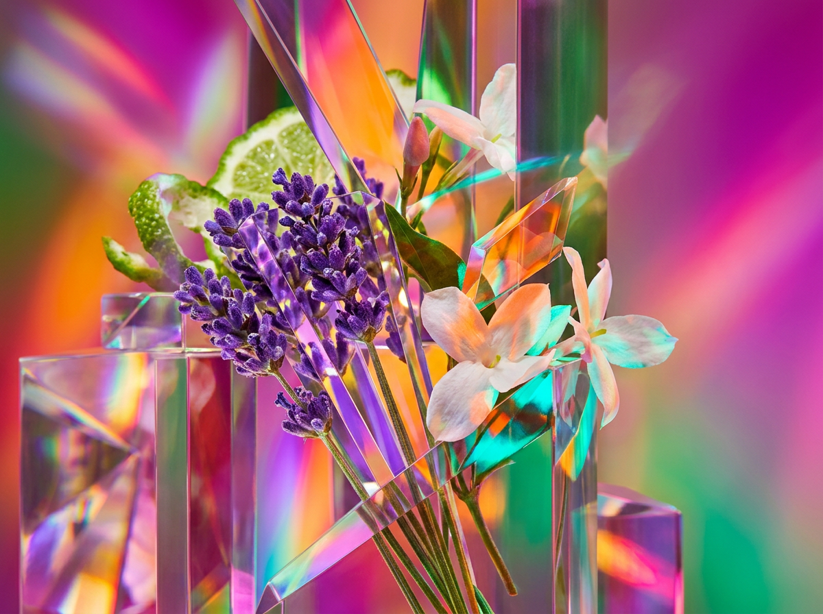 Fresh ingredients like citrus, roses, and woods used in artisan perfumery