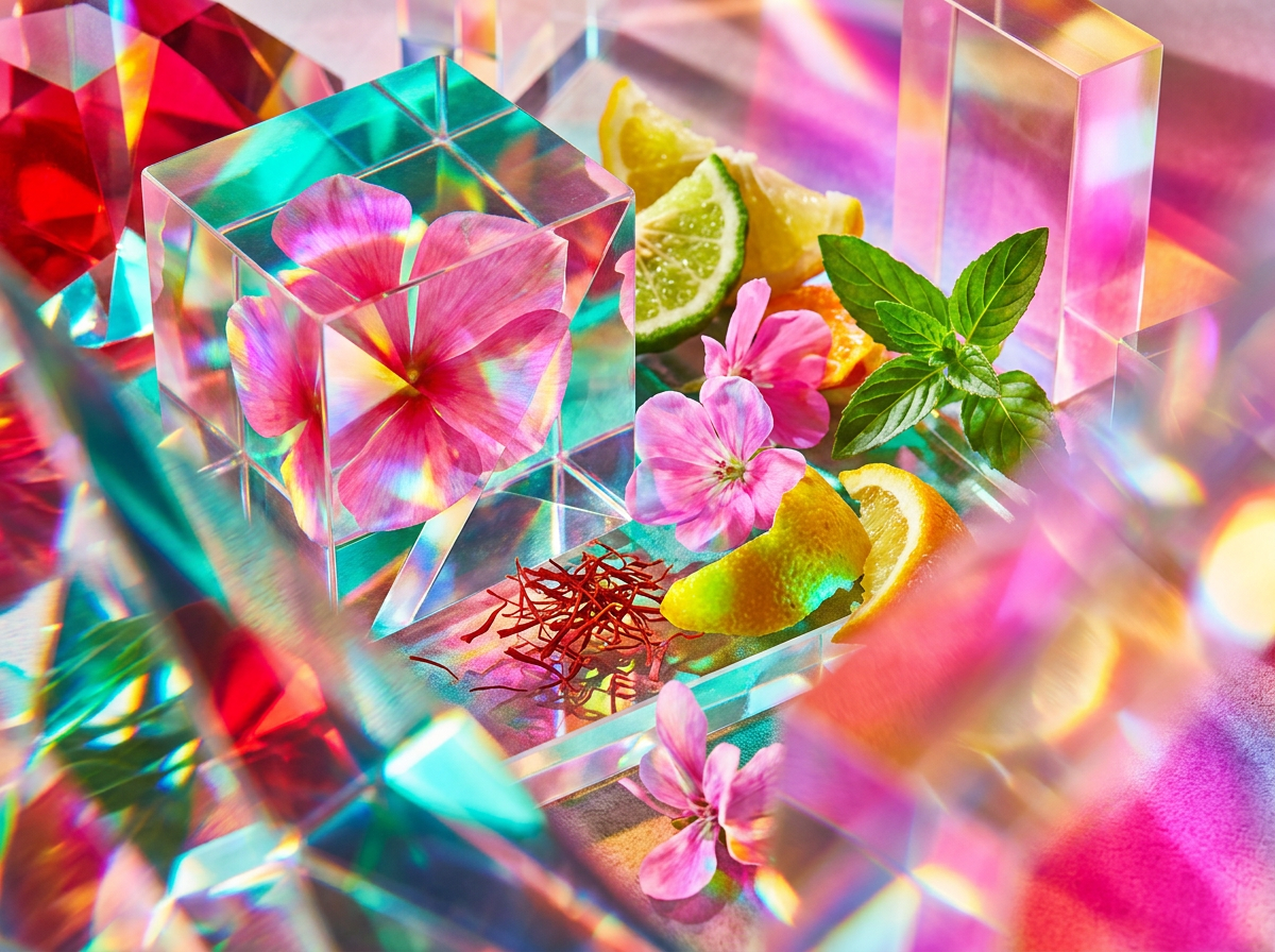 The elegant bottle of Amber Oud Ahad among rose petals and mineral wood