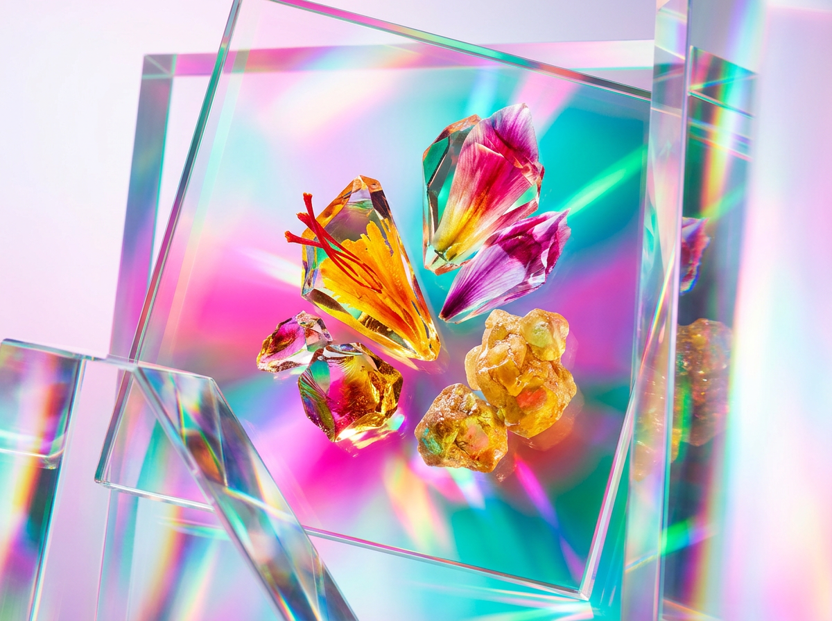 Atmospheric moody lighting with botanical elements and perfume bottles