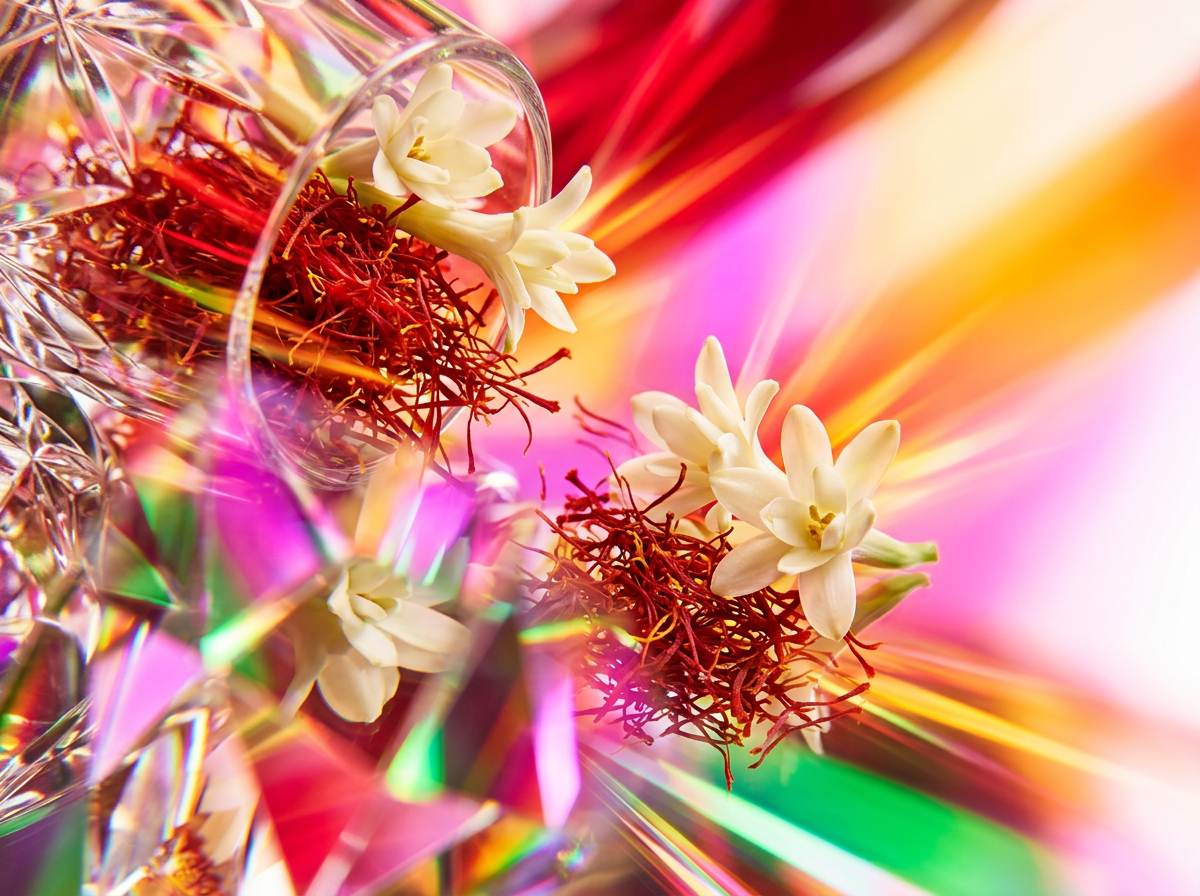 Artisanal fragrance ingredients including rose petals and citrus