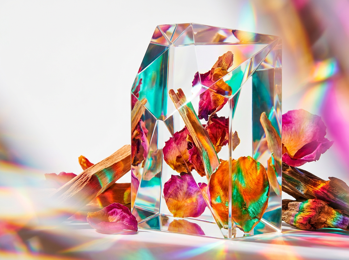 Close up details of artisanal perfume notes including dark berries and soft rose petals.