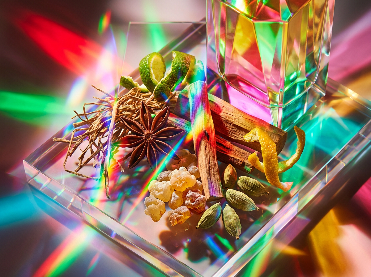 Close up of luxury perfume ingredients including amber resin and fresh rose petals