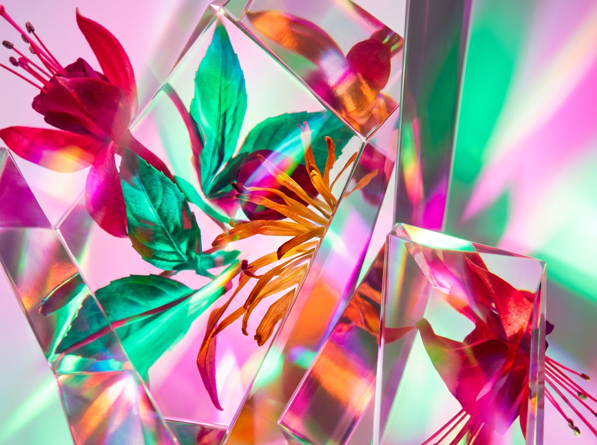 A close-up of rose petals with amber resin and wood pieces, illustrating the blend of notes in modern rose perfumes