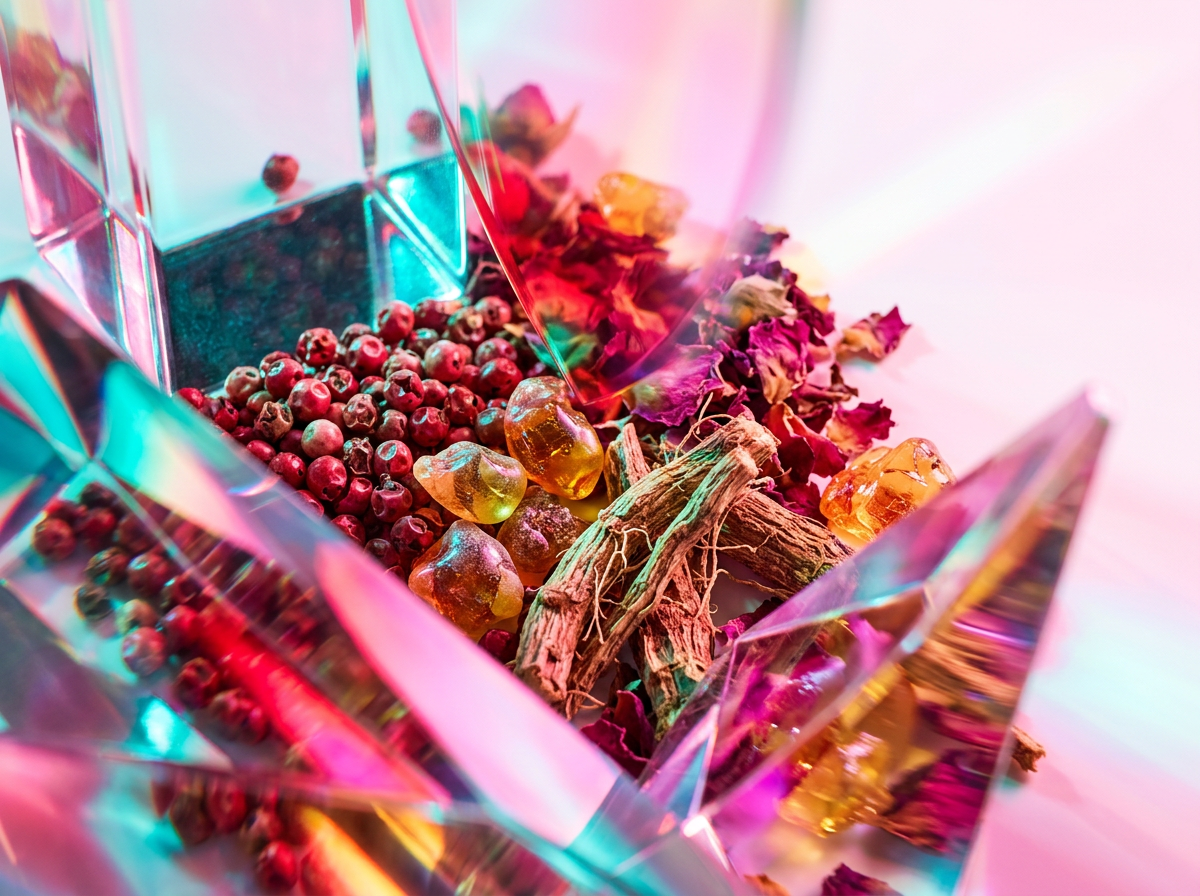 Natural ingredients and perfume bottles showcasing botanical purity