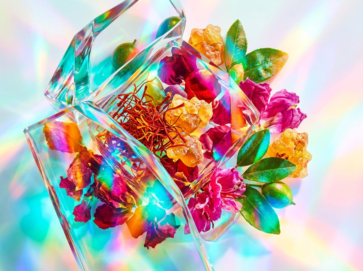 Artisanal fragrance ingredients including citrus fruits and botanical leaves