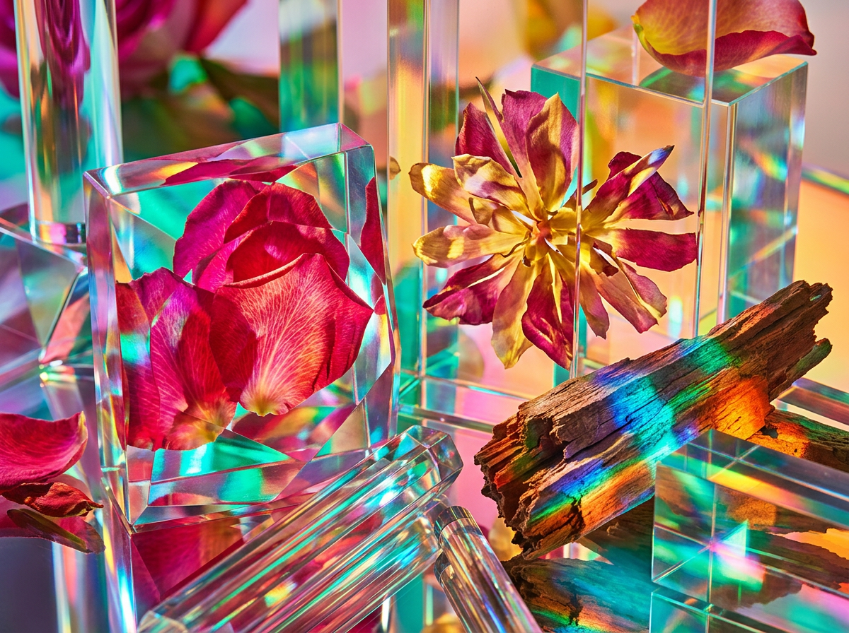 Artisanal fragrance bottles on a marble surface surrounded by fresh citrus fruits and white flowers