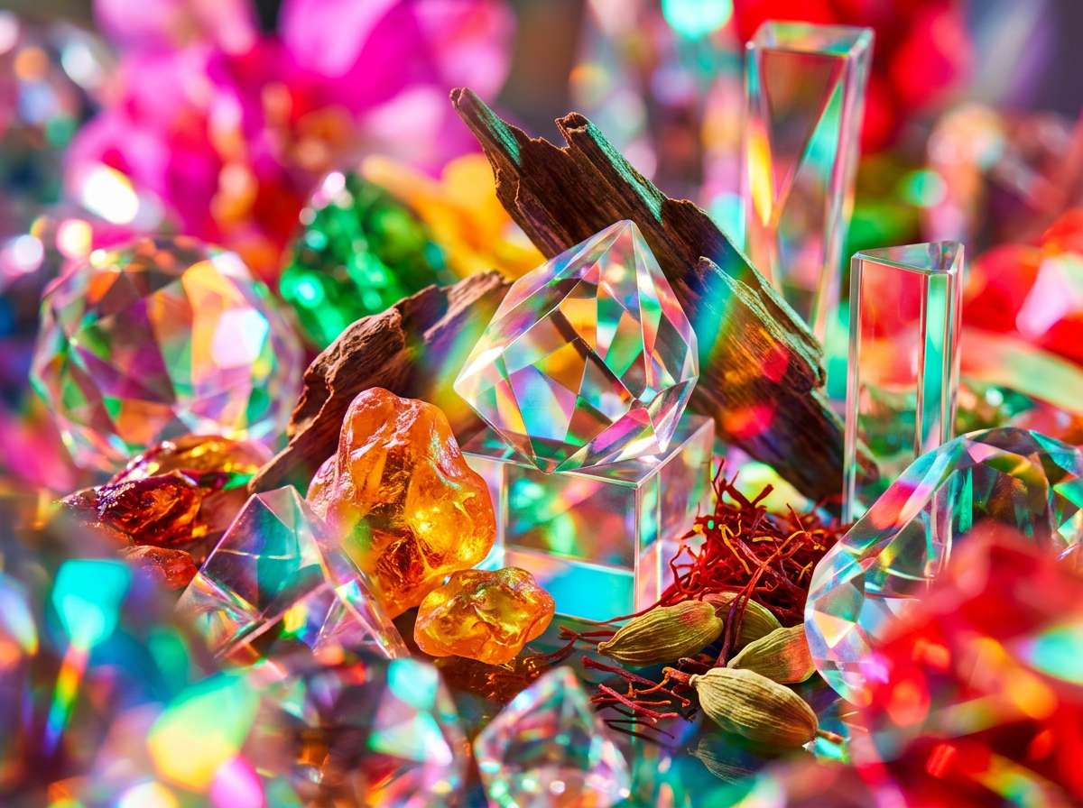 Close up of artisanal perfume bottle next to fresh fruit and white flowers