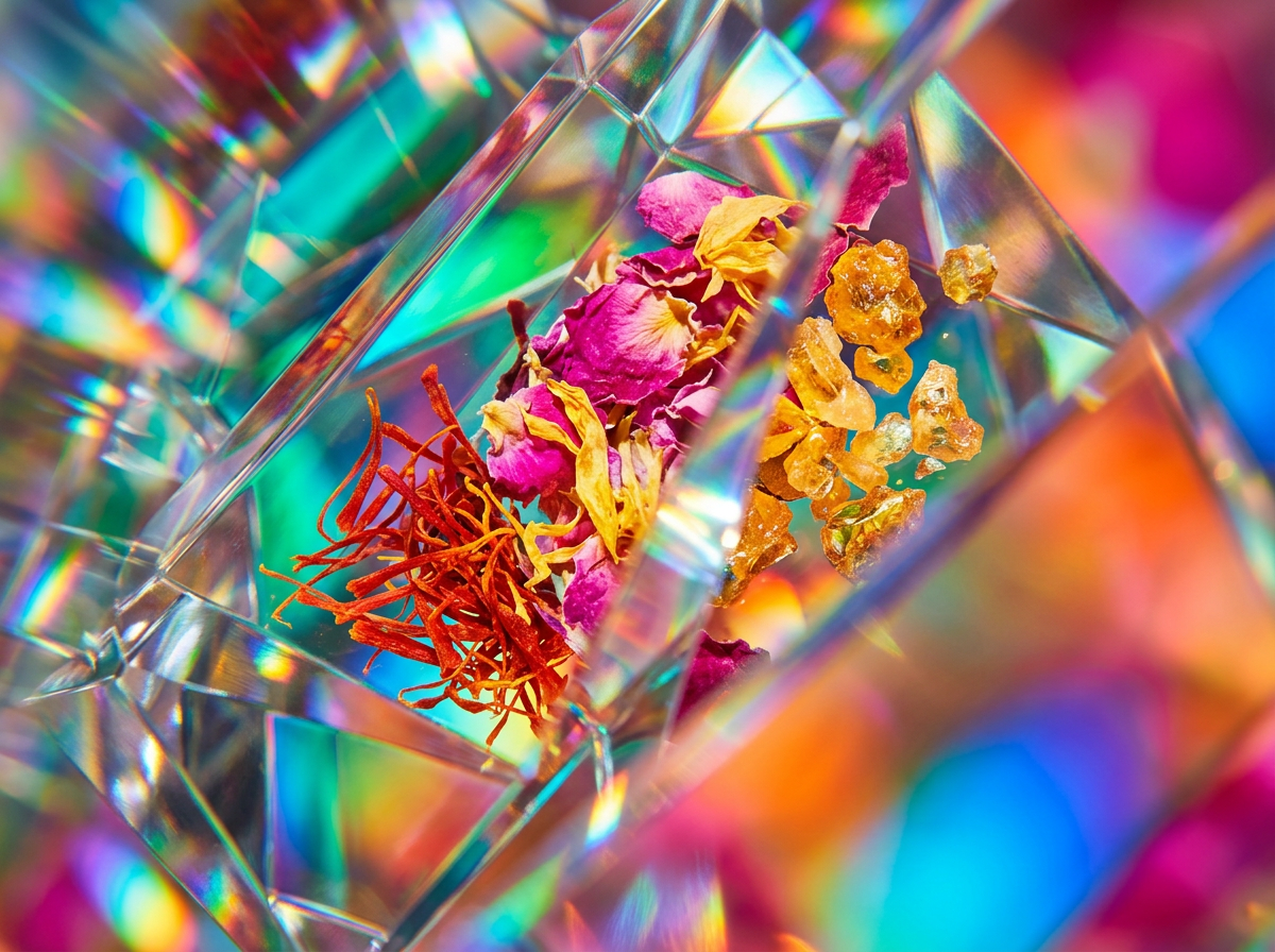 Close up of artisanal perfume notes like rose petals and oud wood