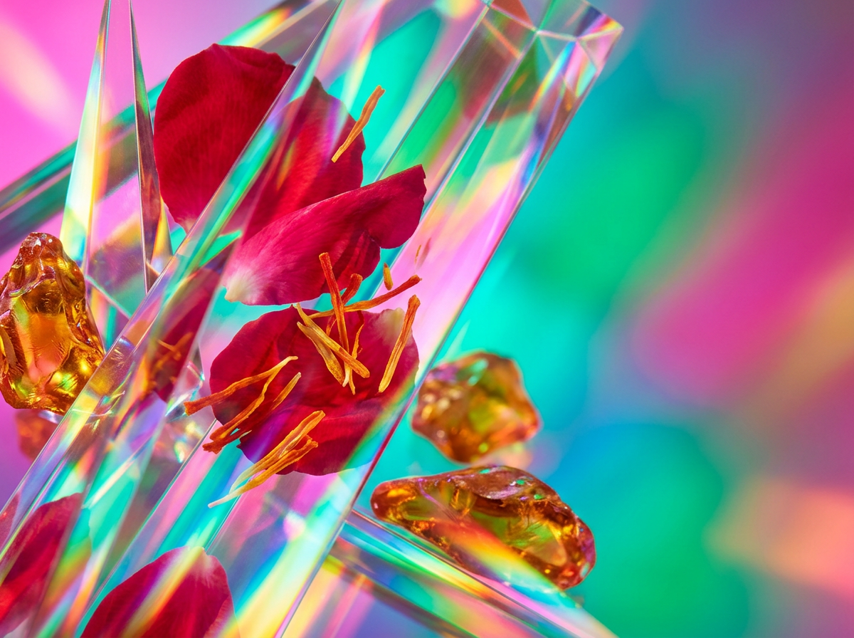 Close up of luxury perfume ingredients and dark glass bottles