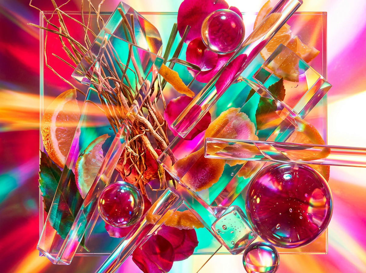 Close up of artisanal fragrance ingredients like oranges and florals