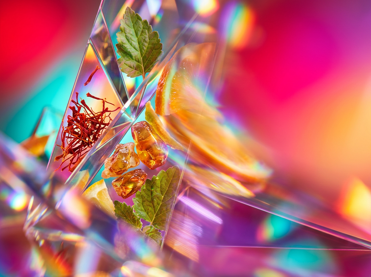 Close up of artisanal fragrance ingredients like white chocolate and plum