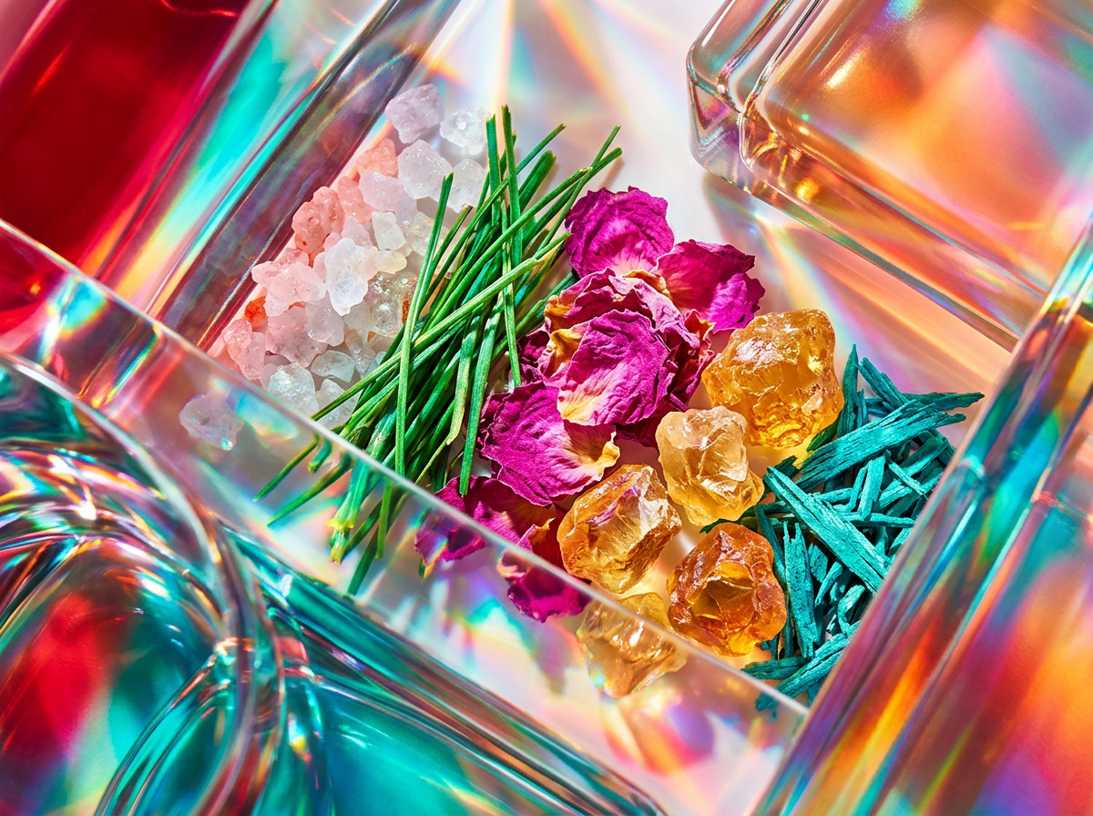Artisanal fragrance ingredients including dark berries and sharp florals