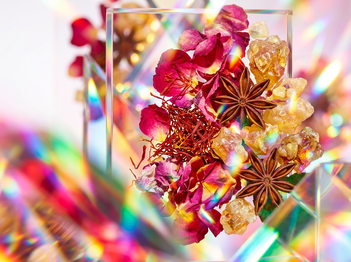 Artisanal fragrance bottles and natural ingredients
