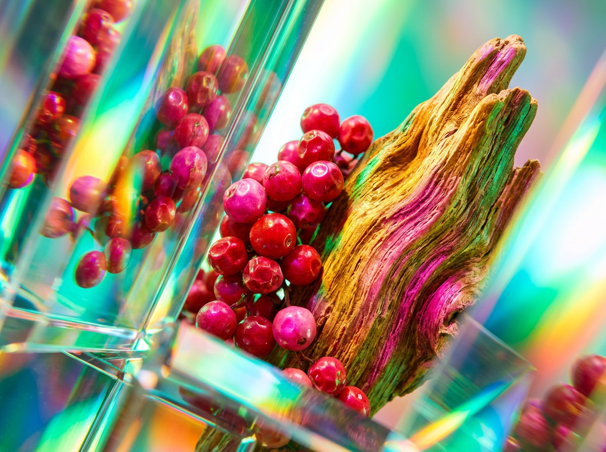 Artisanal fragrance bottles in a natural, botanical setting
