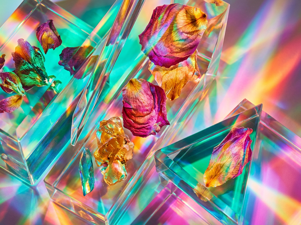 Close up of luxury perfume ingredients like rose petals and amber resin