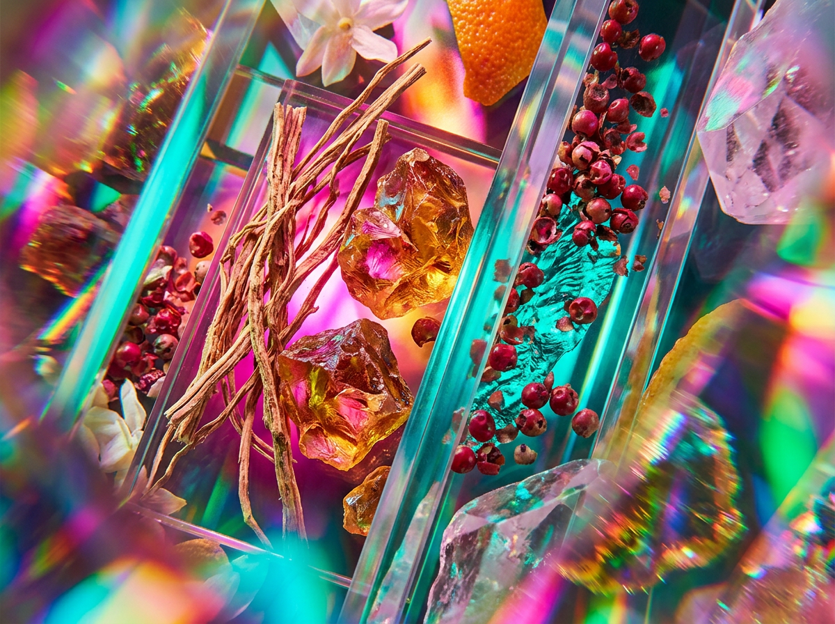 Artisanal perfume ingredients like berries, wood, and citrus