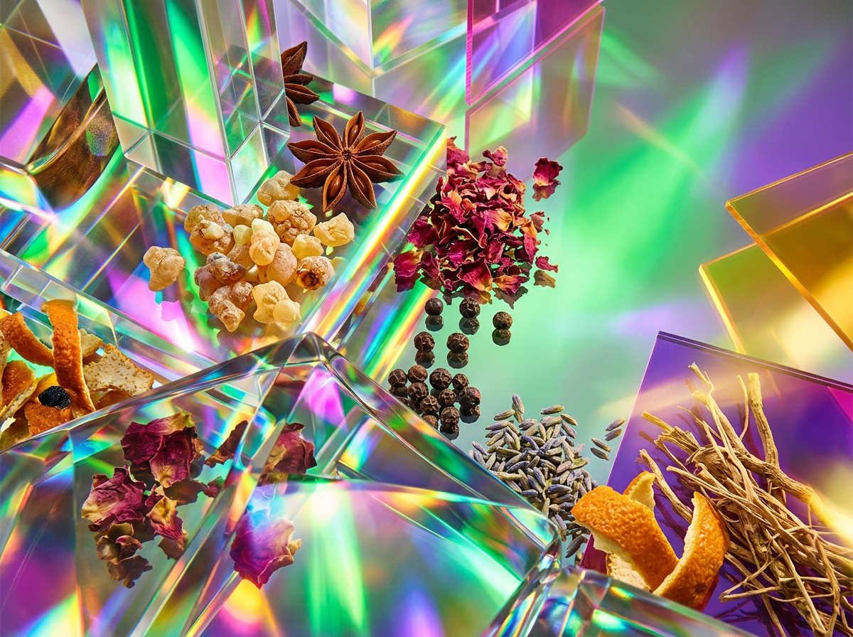 Raindrops on green leaves, symbolizing fresh botanical fragrance notes