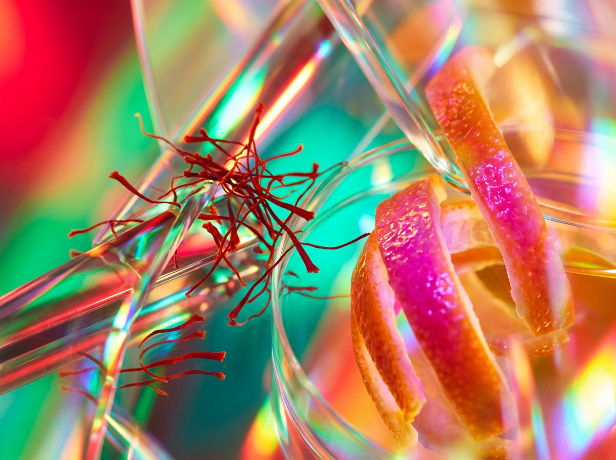 Detailed shot of perfume ingredients including roses and citrus fruits