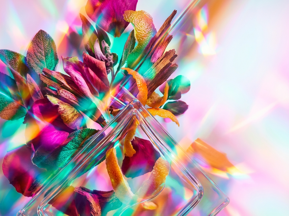 A collection of woody and botanical fragrance ingredients like bark and moss