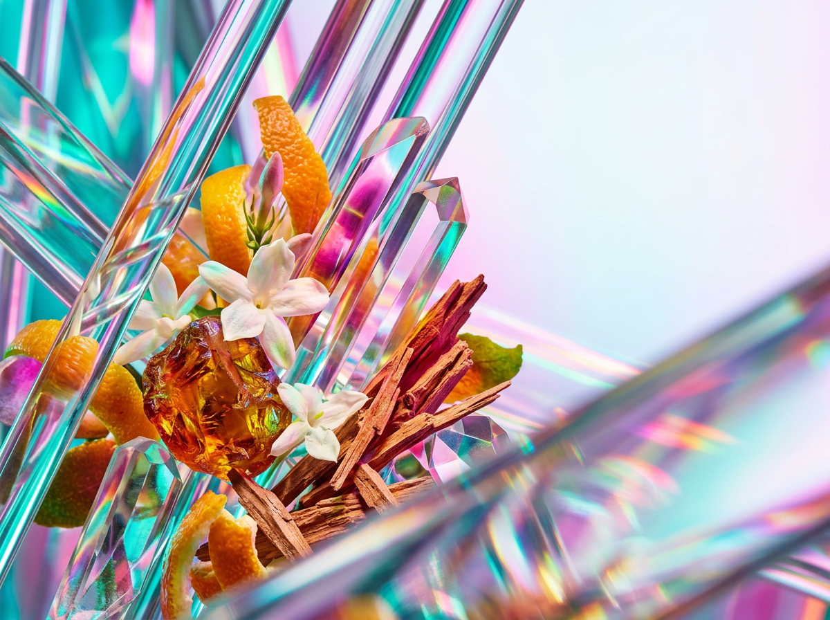 Close up of dark floral ingredients and amber resin